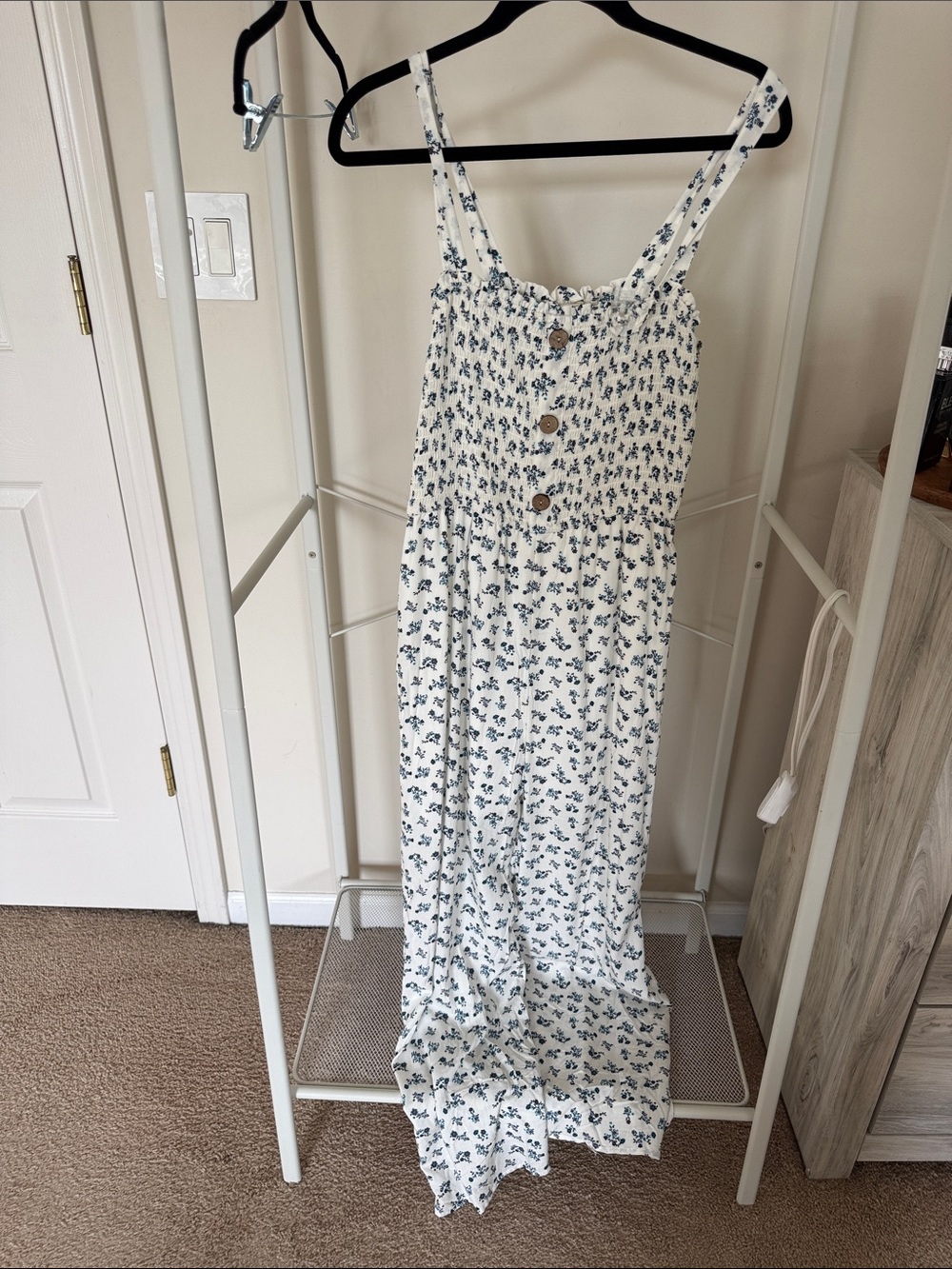 Women’s White Floral Romper with Blue Print